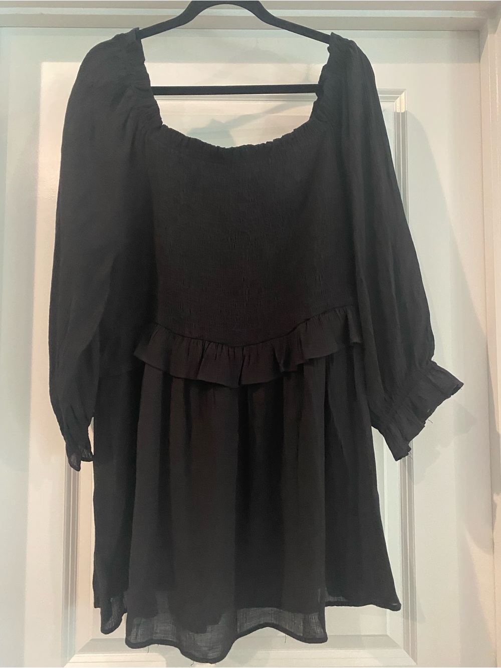 Smocked Black Peasant Tunic with Ruffle Hem
